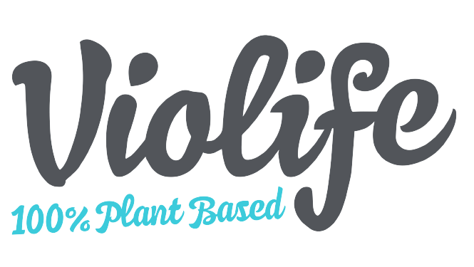 Violife Professional Logo in grauer Schrift mit Zusatz 100% plant-blased in blauer Schrift