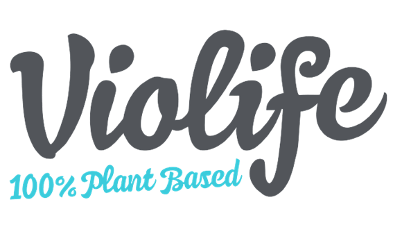 Violife Professional Logo in grauer Schrift mit Zusatz 100% plant-blased in blauer Schrift