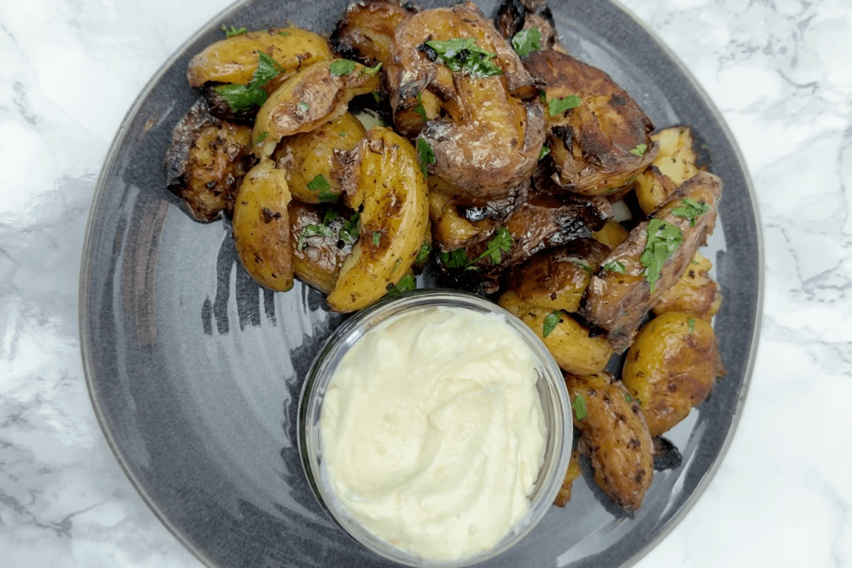 recipe image Smashed potatoes with whipped Feta and chilli honey flavoured dressing