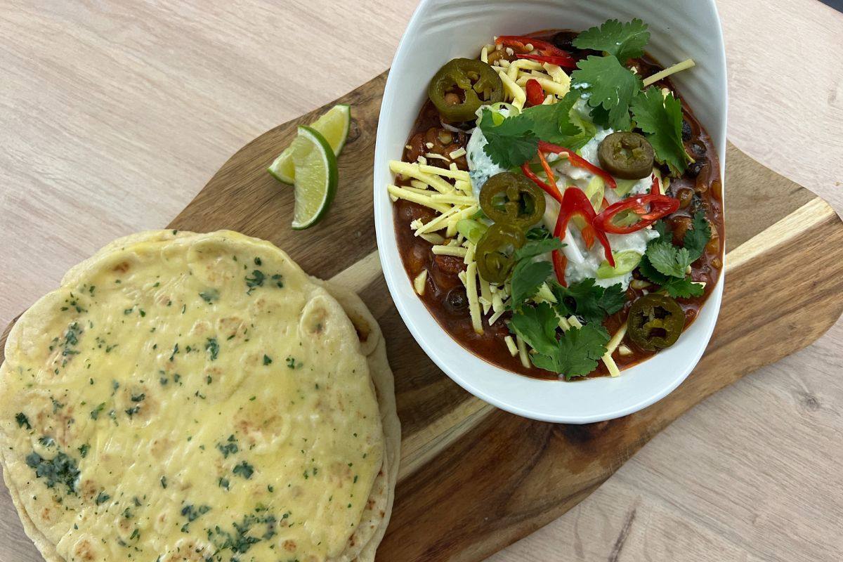 recipe image Garlic & Coriander Flat breads with Mixed Bean Smokey Chilli