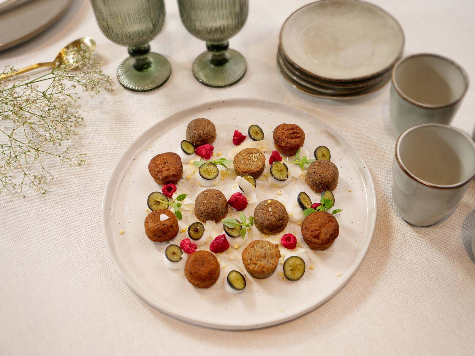 recipe image Coffee and Coconut Mini Cakes with Berries