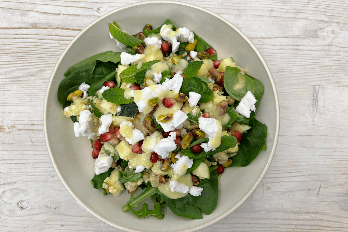 recipe image White bean, Courgette and Violife Greek White salad with Violife Creamy Lemon dressing..