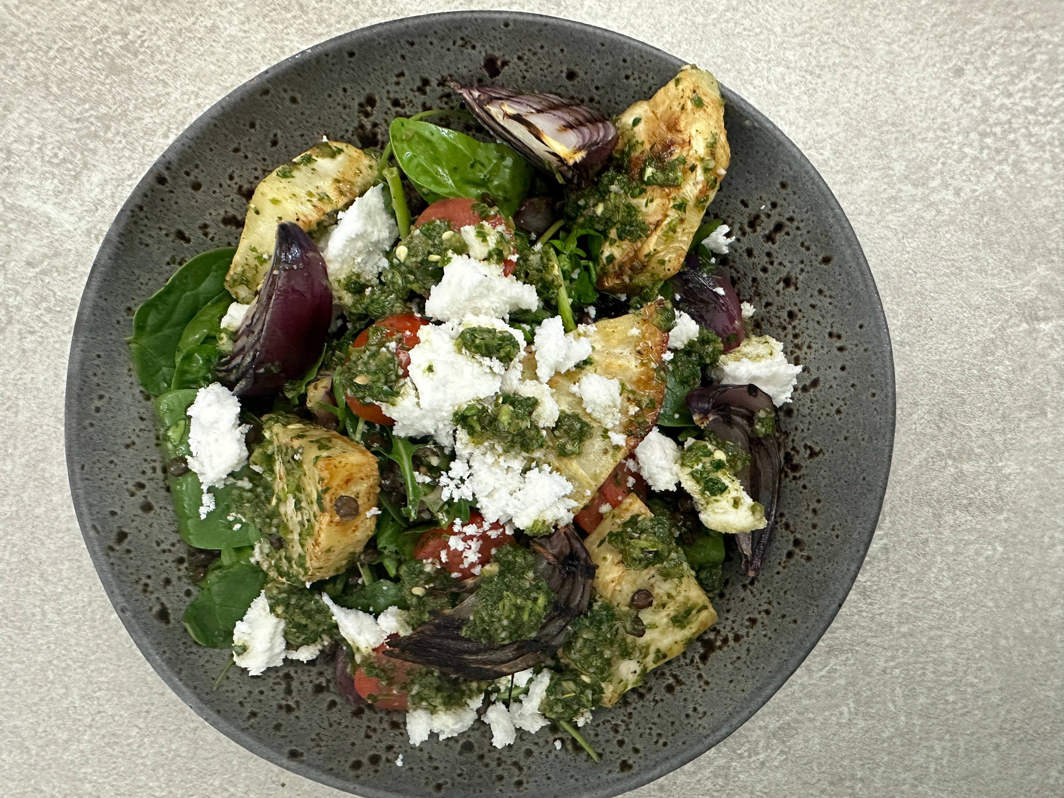 recipe image Greek White, Roasted Celeriac and Puy Lentil Salad with Chimichurri Dressing