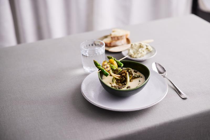 Cauliflower Soup with Vegetable Skewers and Spiced Plant Butter