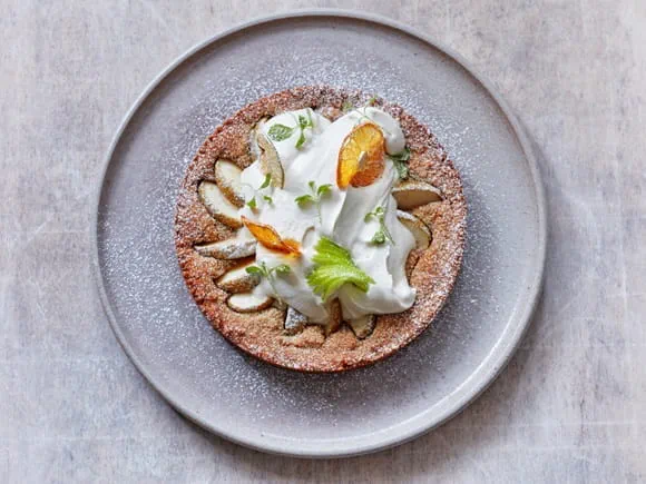 Apple tart topped with Flora plant dairy-free vegan cream 