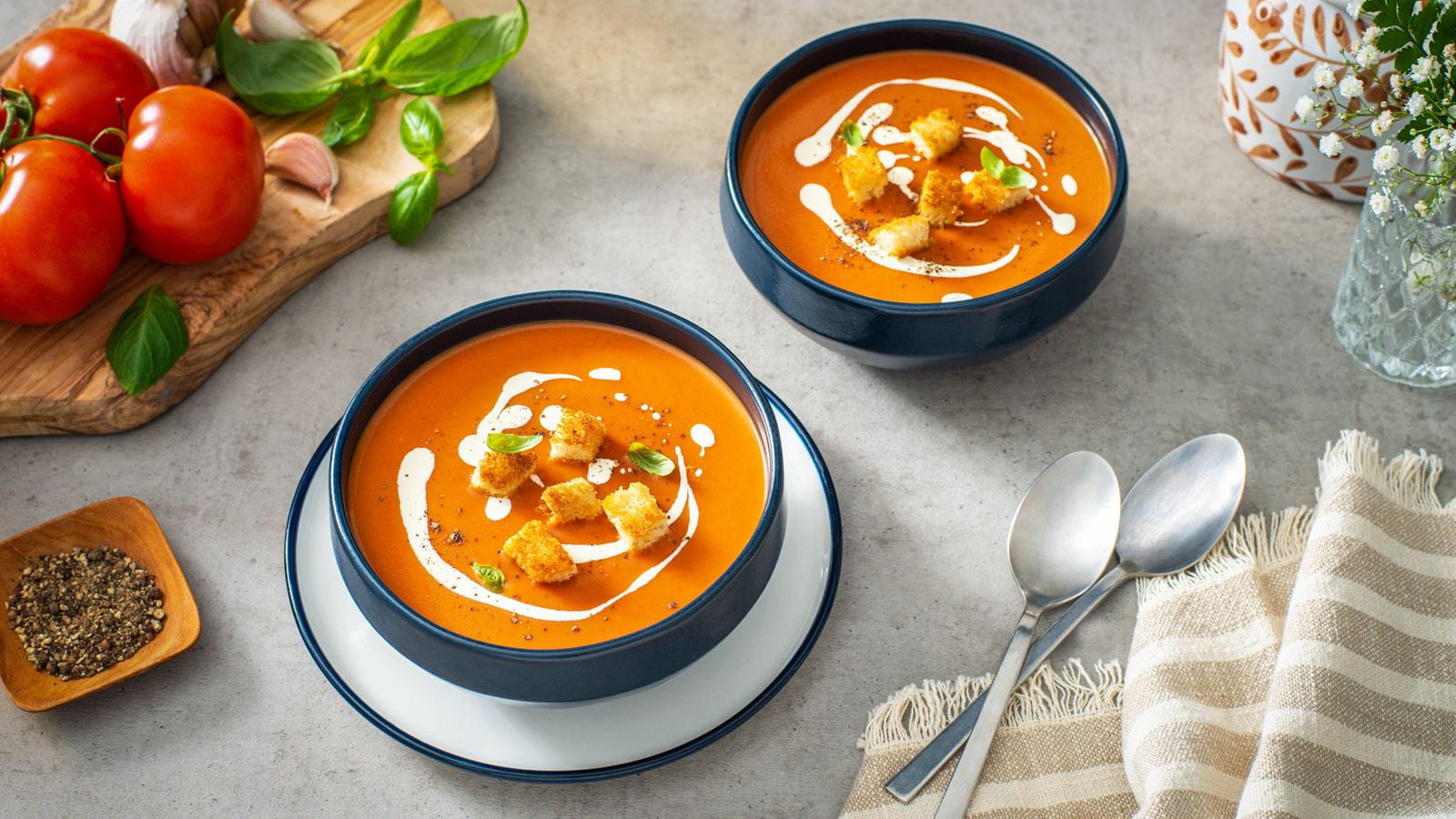 recipe image Vegan Tomato Gazpacho with Pesto Croutons