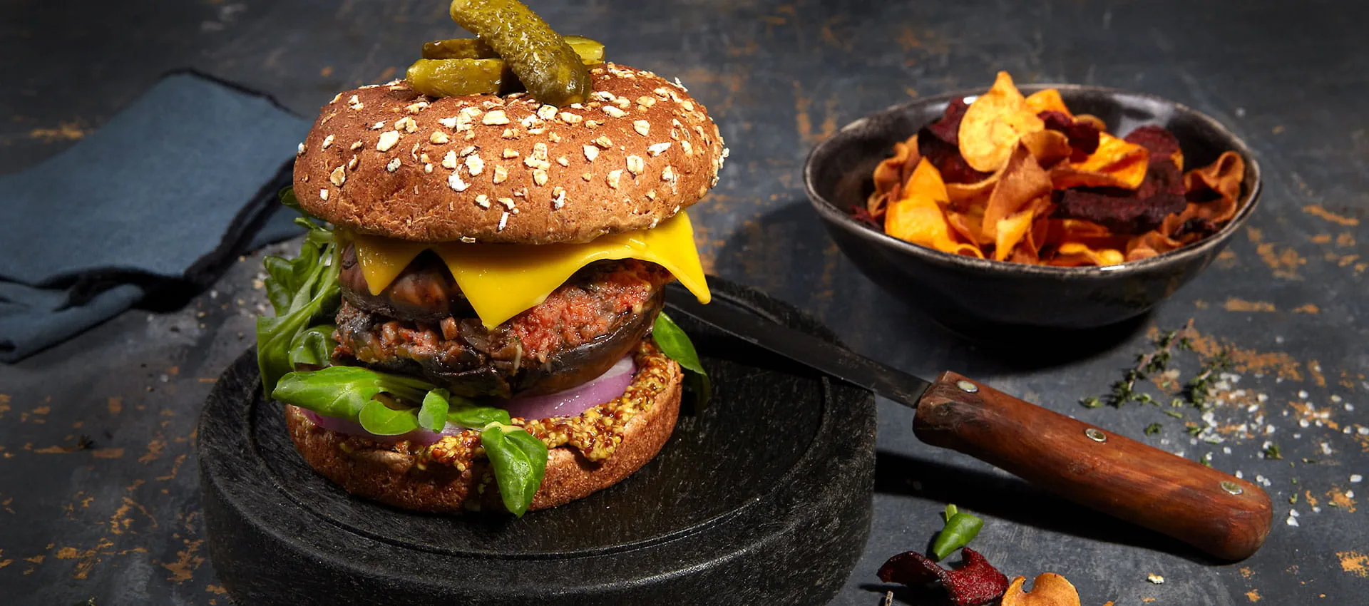 Mushroom burger topped with Violife 100% Vegan Just Like Cheddar Slices