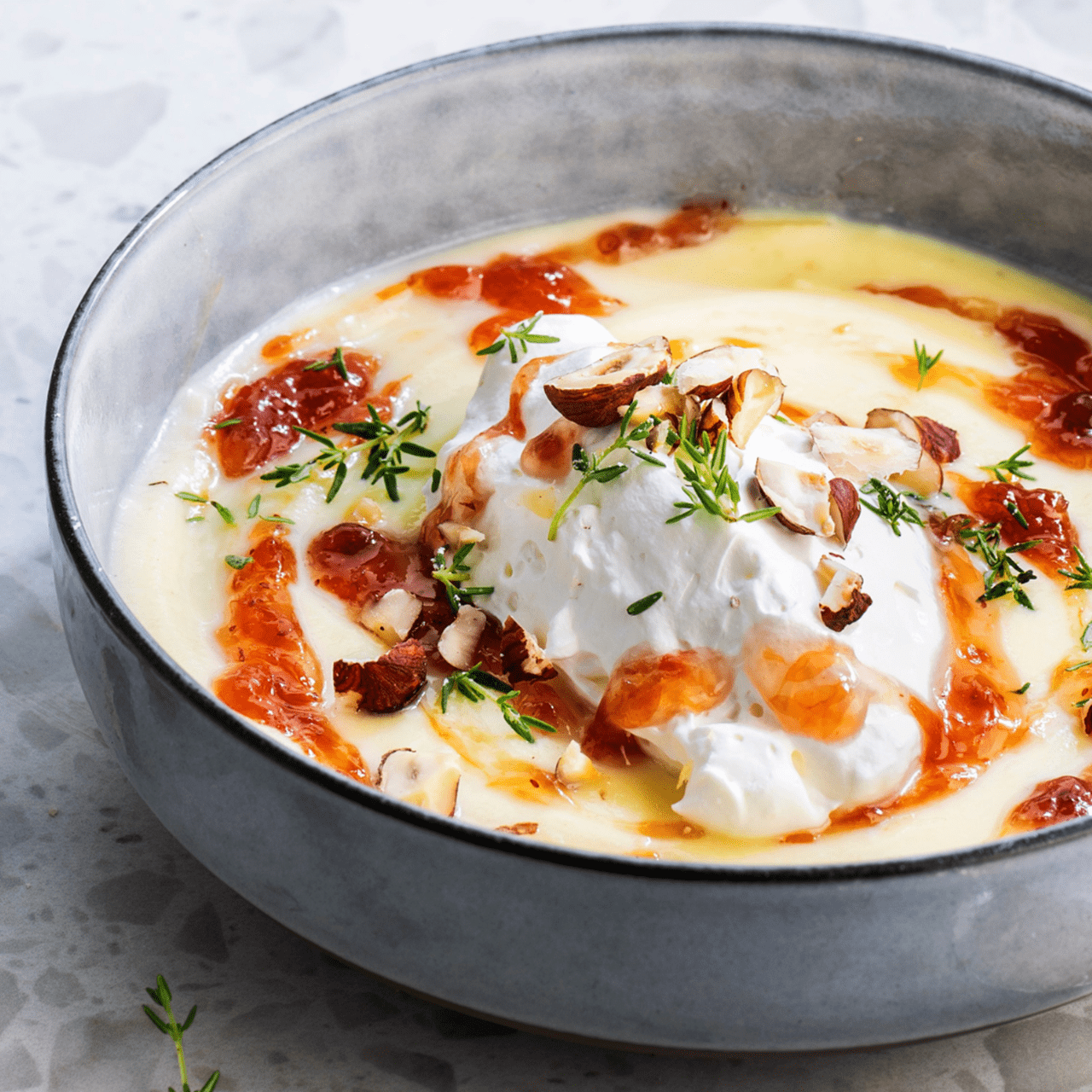 recipe image Île Flottante met Romige Custard en Hazelnoot