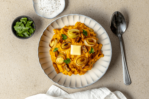 recipe image Zoete aardappelpuree met spekjes en prei