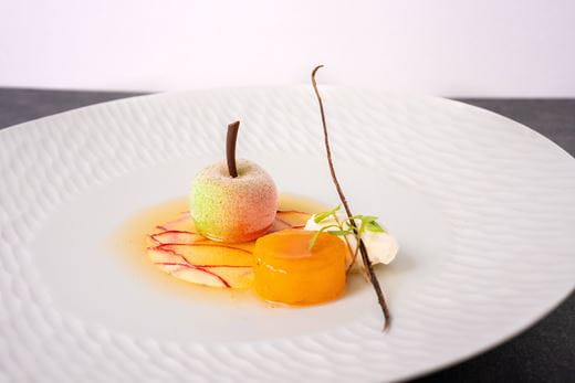 recipe image Fris appelschijfje met zwarte thee-ijs en gerookte vanille