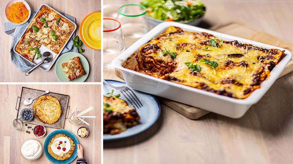 Pizza, långpanna, äggfria pannkakor, växtbaserad grädde,  växtbaserad lasagne